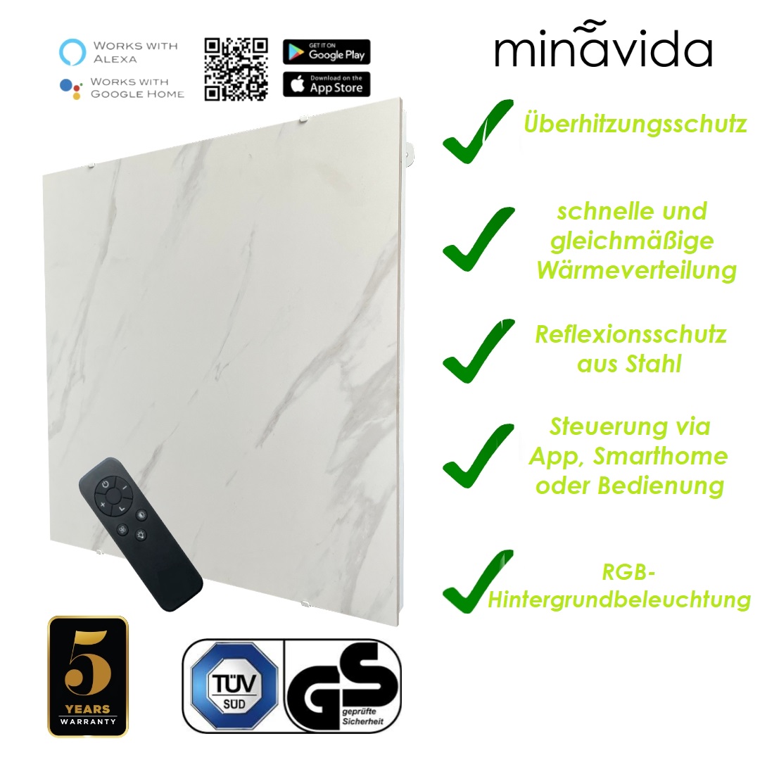 Infrarotheizung Minavida MV1000-01 Infrarot-Heizkörper WiFi 1000 Watt inkl. RGB Beleuchtung Garantie Thermostat