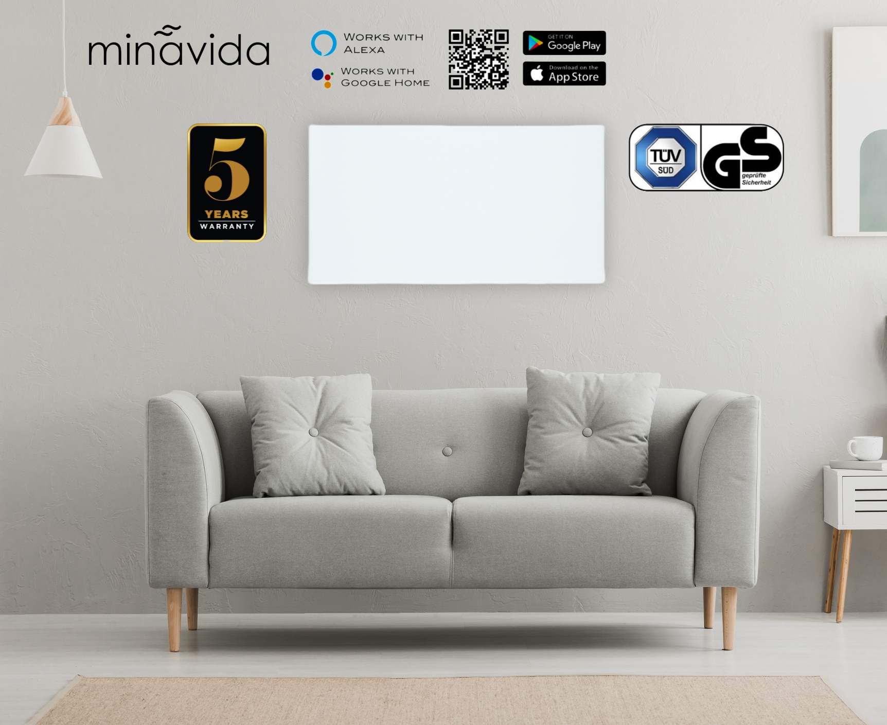 Infrarotheizung MVA-500 Watt Minavida Infrarot Wandheizung Glas Heizkörper inkl. Thermostat WiFi